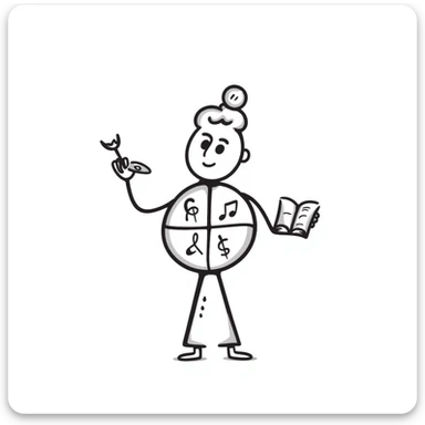 Hand-drawn metal man figure with a circular body divided into four segments, each containing symbols for different art forms: visual, musical, theatrical, and literary arts sticker