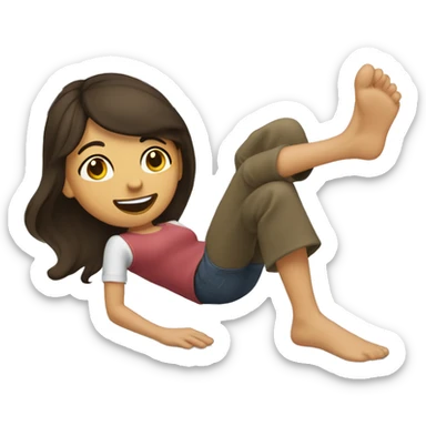 Brunette girl kicking and giggling on a bed  sticker