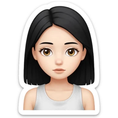 Smooth skin, soft shading, large expressive eyes, natural makeup. 
Long straight black hair, center part. 
Minimalistic and cute facial expression. 
White sleeveless top. 
Bright studio lighting, plain white background. 
High resolution, polished, modern, simple aesthetic. sticker