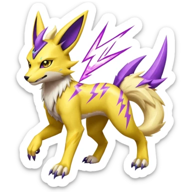 Yellow Renamon-Zeraora-Toxtricity-fusion with purple lightning-bolt-markings, and facial markings sticker