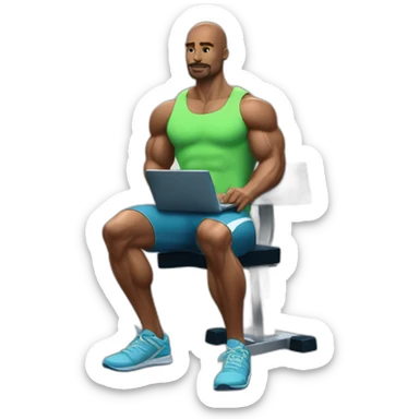 man on musculation bench with portable computer used as dumbbels sticker