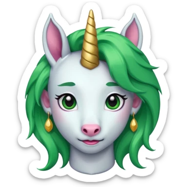unicorn with green hair and big earrings looking into camera sticker