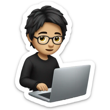 asian boy with glasses, long hair working, wearing black clothes , on his laptop  sticker