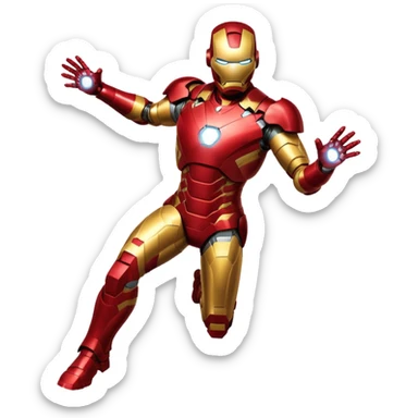 Iron Man, full body flying pose, red and gold armor, glowing eyes, no text sticker