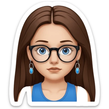 White girl with long brown hair, part going more to the RIGHT side, BLUE eyes, wearing BLACK plastic frame glasses. SEPTUM nose piercing hoop (at bottom of nose) AND stud nose piercing on right side of nose. Wearing BLACK tank top. Wearing big hoop earrings. NOOO necklace! sticker