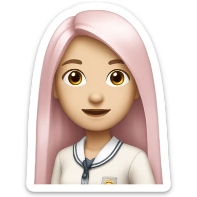 a girl with fair skin, soft pink and white school uniform, long straight hair sticker