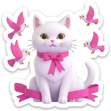 cute white cat with a pink ribbon sitting and looking at the sparkling sea, with birds flying in the sky, soft 3D iOS style with rounded shapes and bright, playful colors sticker