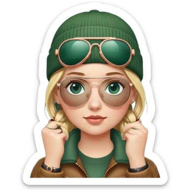 girl with pigtailed blond hair
with blue eyes
and aviator sunglasses
wearing beanie
wearing (rose gold apple watch with forest green band) sticker