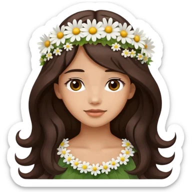 Medium skin tone female, long dark-brown hair with gentle waves, wearing a white daisy floral crown. sticker