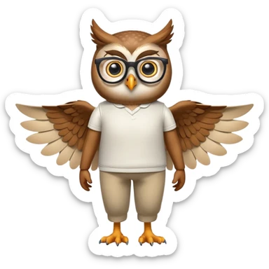 friendly anthropomorphised owl with wings instead of arms, in pants and a shirt, wearing glasses, walking upright, standard pose sticker