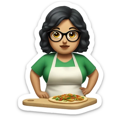 chubby lady with black hair and big eyes green apron  with glasses cooking  sticker