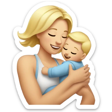 an EMOJI of a young mother with blonde hair, waist-up portrait, joyfully lifting baby in the air. The mother is lifting the baby with raised hands above hear head and they look into each other eyes sticker
