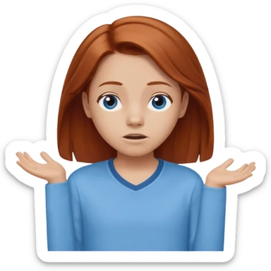 shrugging emoji tween auburn hair light blue shirt with a darker blue L sticker