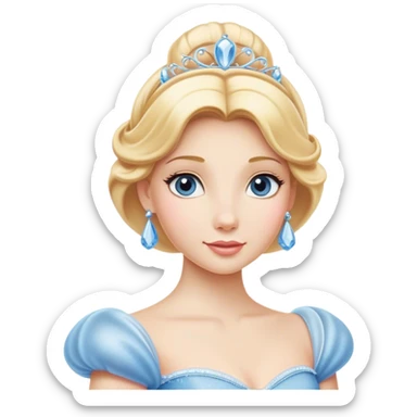 Cinematic Elegant Cinderella Portrait Emoji, rendered in a realistic, vector-style with minimal shading and bold, simplified shapes. Depict Cinderella in her classic ball gown (chest and above) with fair, porcelain skin and elegantly styled blonde hair, her eyes soft and kind, and her expression serene and graceful. The design glows with a gentle, enchanting radiance and high shine, capturing the timeless beauty of a fairy tale princess. sticker