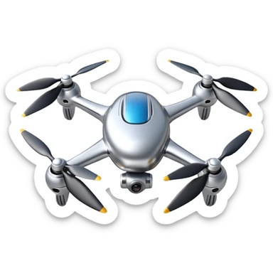 A futuristic drone emoji made of polished silver chrome, smooth rounded body, minimal propellers, reflective metallic surface, soft studio lighting, iOS emoji style, centered, clean white background sticker