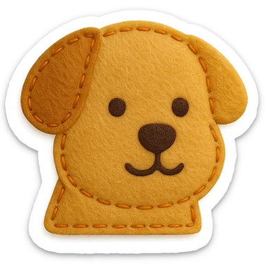 <StylePrompt>
  <Name>Minimal Felt Appliqué Icon</Name>
  <Description>
    A soft, handcrafted felt icon style with lightly padded forms, simple shapes, and clean outlines. Features slightly more visible stitching for tactile charm while maintaining a low-detail aesthetic.
  </Description>
  <VisualProperties>
    <Material>Felt</Material>
    <Texture>Soft, matte surface with subtle fiber detail</Texture>
    <Stitching>
      <Type>Threaded edge stitch</Type>
      <Color>Muted orange or warm brown</Color>
      <Pattern>Evenly spaced running stitch around edges</Pattern>
      <Thickness>Medium (approximately 10% more pronounced than minimal)</Thickness>
      <Contrast>Moderate (stitch color clearly distinct from base felt)</Contrast>
    </Stitching>
    <Padding>Low to moderate—slightly raised but not deeply dimensional</Padding>
    <Edges>Smooth and rounded with clean curves</Edges>
    <ColorPalette>
      <Primary>Warm yellows, oranges, and browns</Primary>
      <Accent>Dark brown for facial features</Accent>
      <Background>Neutral off-white or soft beige</Background>
    </ColorPalette>
  </VisualProperties>
  <FacialFeatures>
    <Eyes>Small round dots</Eyes>
    <Nose>Simple oval or triangle</Nose>
    <Mouth>Minimal curved line or none</Mouth>
    <DetailLevel>Low</DetailLevel>
  </FacialFeatures>
  <Rendering>
    <Lighting>Soft and diffused</Lighting>
    <Shadows>Subtle, barely visible</Shadows>
    <Perspective>Front or side profile, flat angle</Perspective>
  </Rendering>
  <Applicability>
    <SubjectType>Animals, symbols, objects</SubjectType>
    <OutputFormat>Icon, patch, or sticker</OutputFormat>
  </Applicability>
</StylePrompt>

{subject} = dog sticker