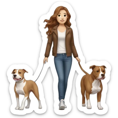 White woman with long wavy brown hair walking tan and white pitbull sticker