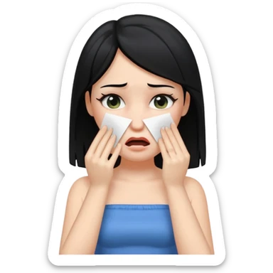 making a white skin black hair girl wearing tube using paper to swipe her tears because of stress ios memoji style sticker
