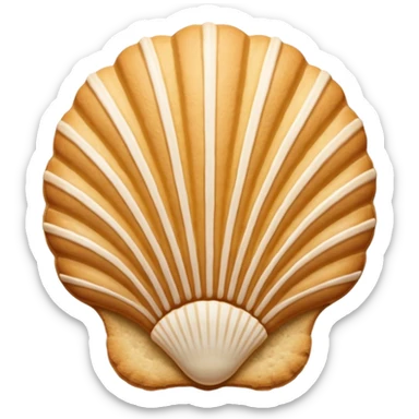 A madeleine pastry. Oval seashell shape with ONLY four to five vertical lines going in the same direction. Light golden brown. Scalloped edge. Cookie. Flat. Long. Oval shape. Lets scallops. sticker