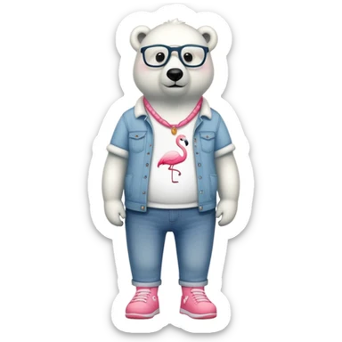 friendly anthropomorphised polar bear standing upright, chilled and unbothered, wearing a shirt, jeans, trainers, glasses with flamingo frame design sticker