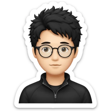 Make an Asian male with black fluffy messy hair wearing a black quarter zip and glasses sticker
