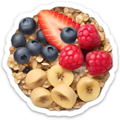 detailed oatmeal bowl with mixed berries, granola, chia seeds, and honey sticker