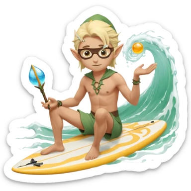 elf male legolas sitting on surfboard (ashore), hands manipulating two orbs of swirling seawater giving a "massage" to his own shoulders, wearing relaxed linen shorts over swimwear, tinted elven sunglasses, pointy ears, content expression, centered emoji sticker