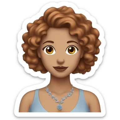 front profile emoji white girl with brown eyes brown curly hair wearing a coquette dusty blue dress, a small necklace and a pale orange rose in her hair  sticker