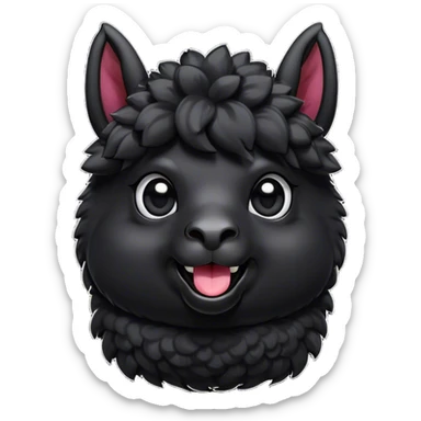 Cinematic Comical Black Alpaca Portrait Emoji, Head tilted dramatically with an exaggeratedly amused expression, featuring a striking jet-black fleece with playful texture, wide, expressive dark eyes filled with playful disbelief, Simplified yet hilariously expressive features, highly detailed, glowing with a slightly sassy glow, high shine, dramatic yet playful, stylized with an air of cheeky mischief, bright and endearing, soft glowing outline, capturing the essence of a spirited and over-the-top alpaca, so meme-worthy it feels like it could side-eye its way into internet fame instantly! sticker