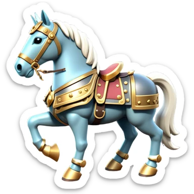 Clash of Clans aesthetic: Cinematic Playful Armored Horse Emoji, rendered in a 3D vector-style similar to standard emojis with minimal shading and bold, simplified shapes. A compact, isometric warhorse outfitted in intricately detailed armor with noble accents, softly glowing with a gallant medieval carriage charm. Simplified yet unmistakably iconic, highly detailed and consistent, glowing with a soft radiant shine and high polish. Stylized with a touch of heroic elegance and a soft glowing outline, capturing the essence of a noble steed ready for battle with a friendly, playful air! sticker