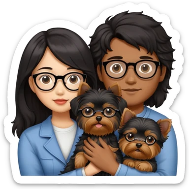 A couple holding a small Yorkshire Terrier together. The girl is Asian with long, luscious wavy black hair (loose, no hair tie). She is next to her boyfriend, a brown-skinned man wearing glasses with a korean haircut sticker