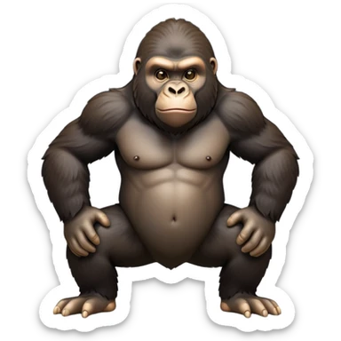 cinematic-gorilla-realistic-full-body-on-all-fours-emoji,-exuding-strength,-thick-dark-fur-in-the-light,-head-tilted-dramatically,-deep-friendly-eyes-filled-with-intense-intelligence,-simplified-yet-realistic-focused-features,-highly-detailed, zoomed out friendly  sticker