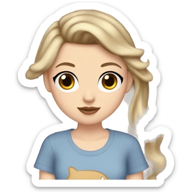 white girl with dirty blonde brownish hair and bluey/grey eyes and a mole on left middle of the cheek and wearing a taylor swift tshirt sticker