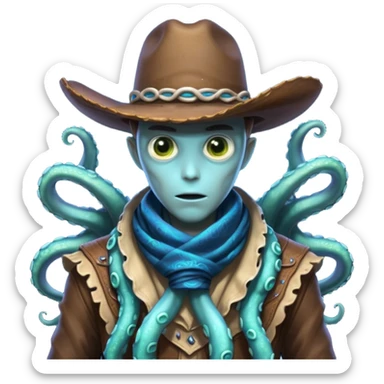 Close-up portrait of a tentacled alien cowboy, subtle glowing bioluminescent skin, tentacles partially hidden under a cowboy scarf, mysterious expression, dramatic shadow lighting, high detail, sci-fi western fusion
 sticker