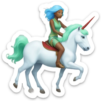 [(a light green Amazon alien woman with red hair with blue eyes) on a (four-legged white unicorn with a light blue mane)] sticker