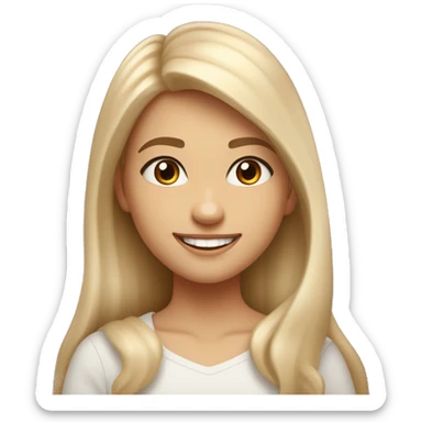 a girl, heart-shaped face with high cheekbones and a slightly pointed chin, almond-shaped brown eyes framed by long natural eyelashes. 
Arched eyebrows, medium density, long light blond hair, wide smile showing teeth, joyful and expressive face sticker