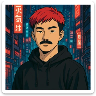 Asian man with black mustache, red hair, black hoodie, futuristic city background, Japanese cyberpunk anime style sticker
