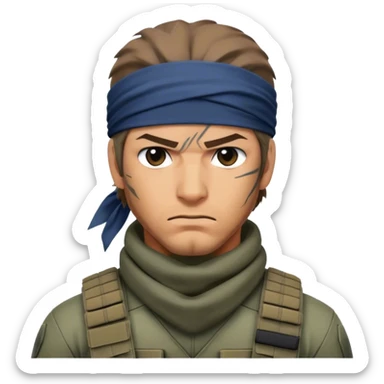 Design an emoji of Solid Snake, the iconic character from the Metal Gear series. Ensure it captures his stealthy demeanor and rugged appearance. Consider including elements like his bandana, tactical gear, and serious expression. The emoji should convey a sense of espionage and action, suitable for fans of the stealth-action genre. sticker