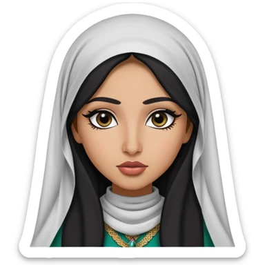 Arab nose, pretty lips, palestinian clothes, medium skin,  long hair, veil, pretty bratz baddie, black eyeliner sticker