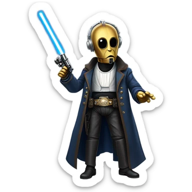 bounty hunter tarnished undercover tough well-equipped Jedi  life-sized darkblue-pearl C3po leather vest clothing pants and vest old west duster coat holding light saber sheriff holstered gun sticker