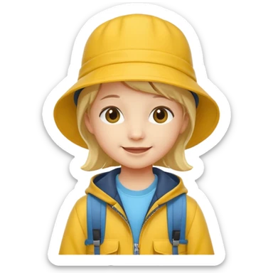 Little student wears yellow bucket hat and jacket, backpack, happy sticker