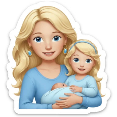 Wavy blonde, white woman with blue eyes, freckles hoop earrings, holding babies smiling and really cute in gold hoops she needs to be holding three newborns, and she needs to be more cute than pretty sticker