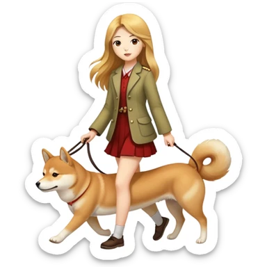 Long-haired beautiful girl walking the Shiba Inu sticker