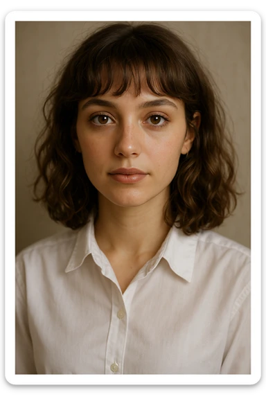 portrait of a young woman, 22, with brown eyes and light brown, slightly curly shoulder-length hair with bangs, subtle makeup, dressed in a white dress shirt sticker