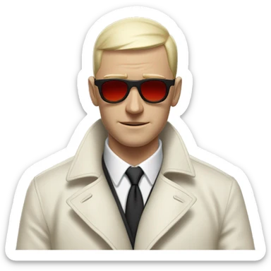 <excerpt>
A white man with real buzz cut Black hair, short mutton shops donning small red tinted sun glasses in a dirty white trench coat, is serious.
</excerpt> sticker