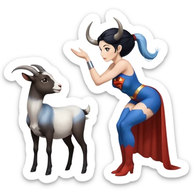 Art of a human white womans very perfect body scheme anatomy-very long and straight black to blue hair ombre with-tiny goat antlers-leaning back on knees-superman standing on her right-looking at each other sticker