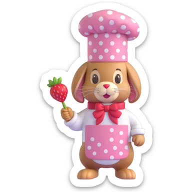 A 3D iOS 18-style bunny wearing a pink chef hat with white polka dots and a red strawberry. The bunny should have a light brown fur texture with darker brown ears and a cute, friendly expression. sticker