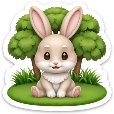 A cute 3D cartoon rabbit sitting on green grass, soft white fur, big ears, round eyes, and a cheerful smile, bright natural lighting, Memoji-style. sticker