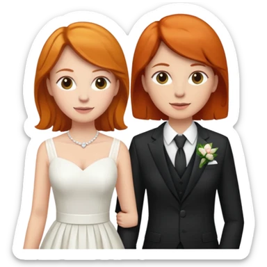 lesbian couple getting married. one ginger one brunette. ginger in a suit, brunette in a dress. BOTH GIRLS only one ginger both white sticker