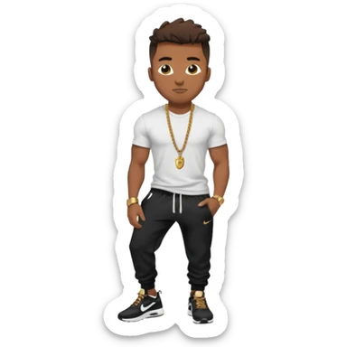 Handsome Black guy with brown skin tone, with muscular build, wearing black sweatpants, a white t-shirt, black Nike air max, a gold rope chain, and a gold watch  sticker